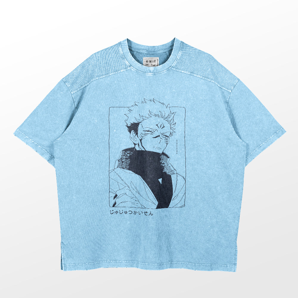 This Jujutsu Kaisen Sukuna Washed Vintage T-Shirt is a light blue denim tee with a black and white Sukuna graphic. Japanese text below adds flair for anime streetwear fans. Made from 260 GSM high-quality cotton, it features a round neckline and short sleeves in true Jujutsu Kaisen style.