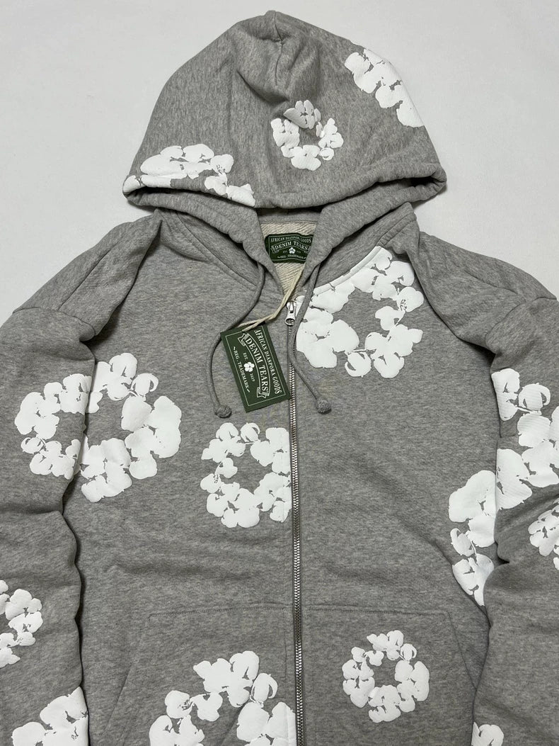 Denim Tears Cotton Wreath Puff Print Zip-Up Hoodie – Grey