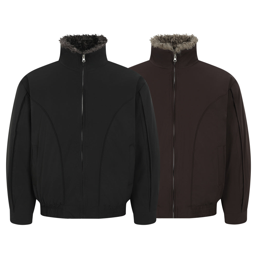 Black and dark brown faux shearling lined bomber jackets with curly fur stand collar and front zip closure
