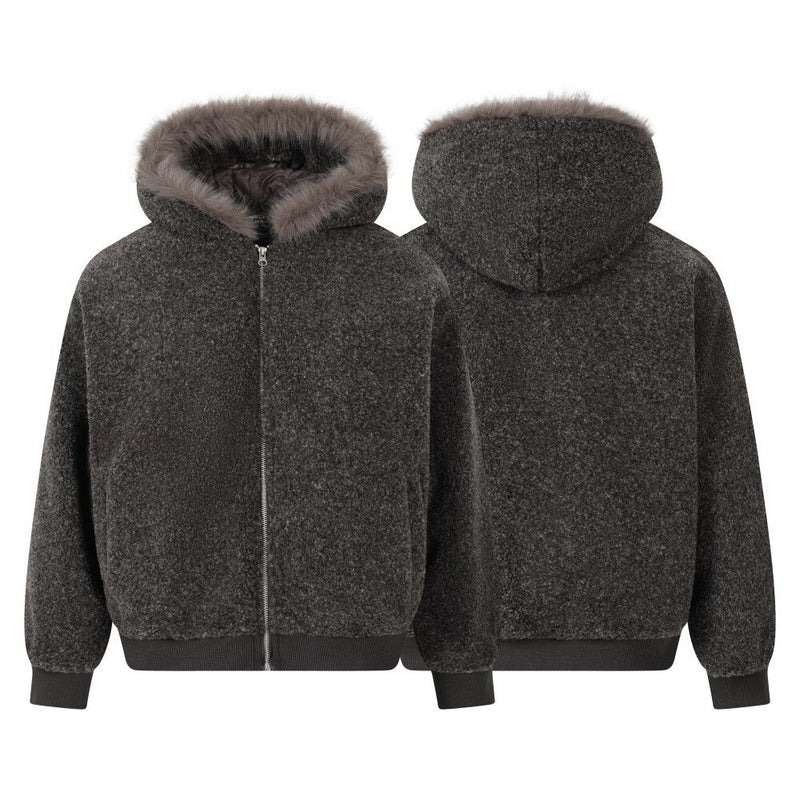Faux Shearling Hooded Bomber Jacket with Fur Trim