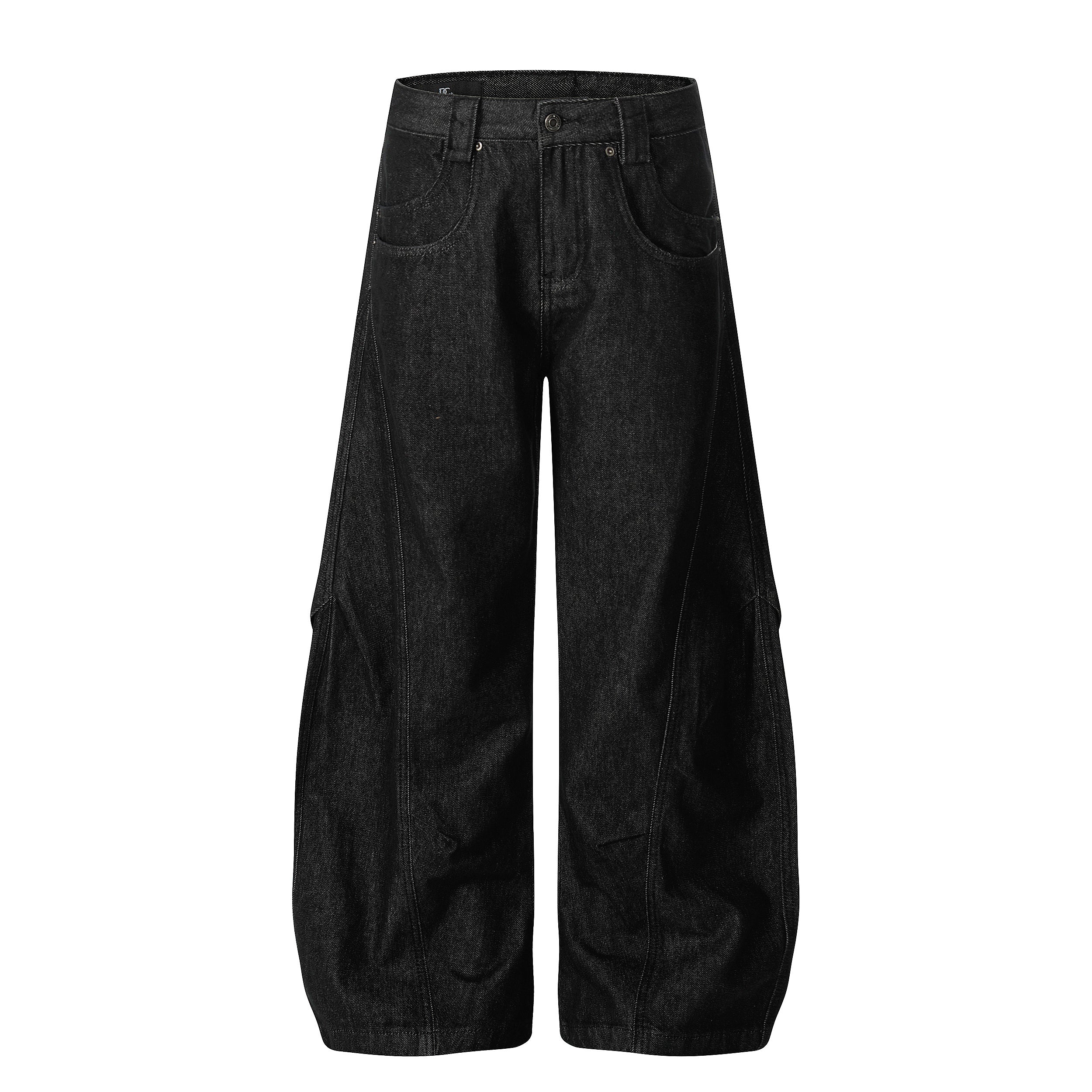 Structured Panel Balloon Wide-Leg Jeans in Black Denim