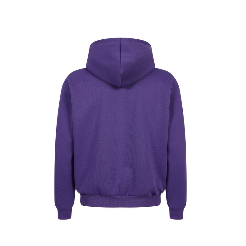 Purple zip-up hoodie, back view with plain hood and ribbed hem