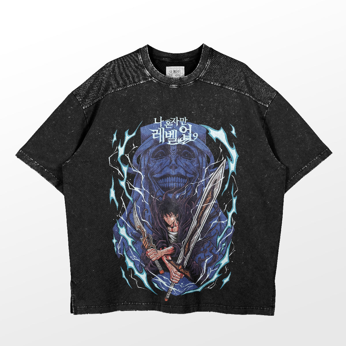 Explore the Solo Leveling Dual Blade T-Shirt, a black masterpiece featuring an anime character with dual swords, blue lightning accents, bold Korean text, and a large face backdrop.