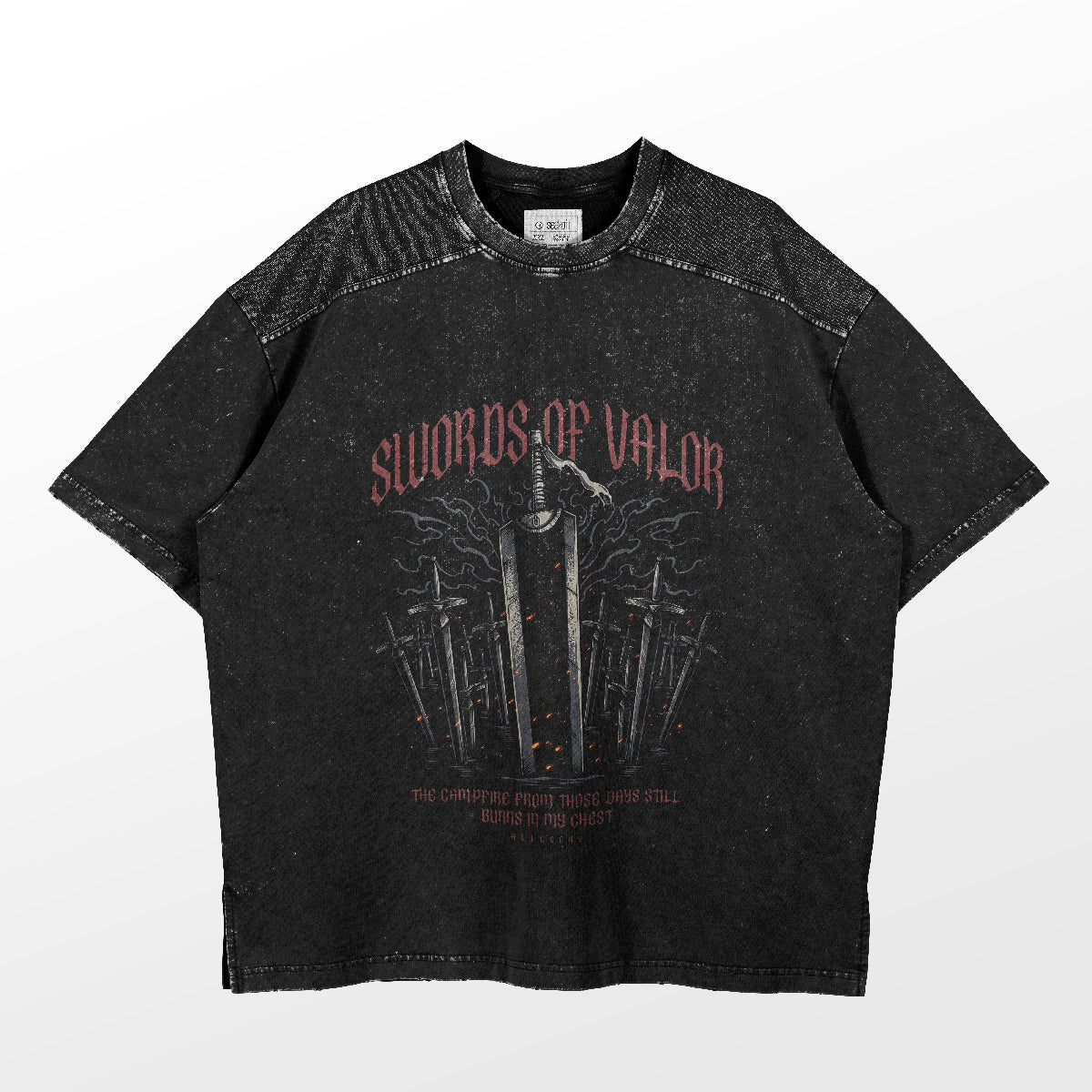 Berserk-Inspired Graphic T-Shirt – “Swords of Valor” Dragonslayer Design, Washed Black Oversized Tee