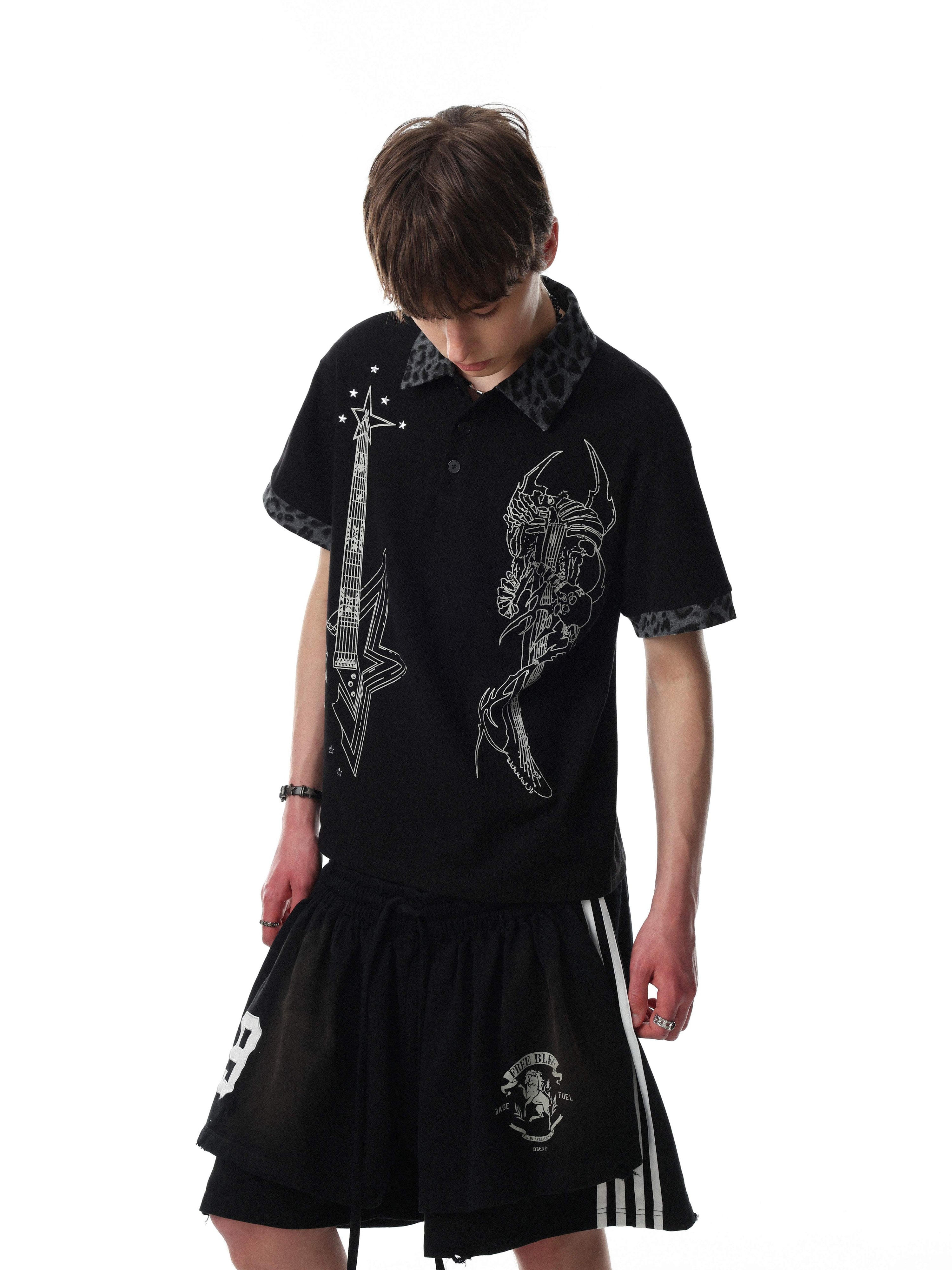 Leopard Collar Rock Graphic Polo Tee | Streetwear Polo
