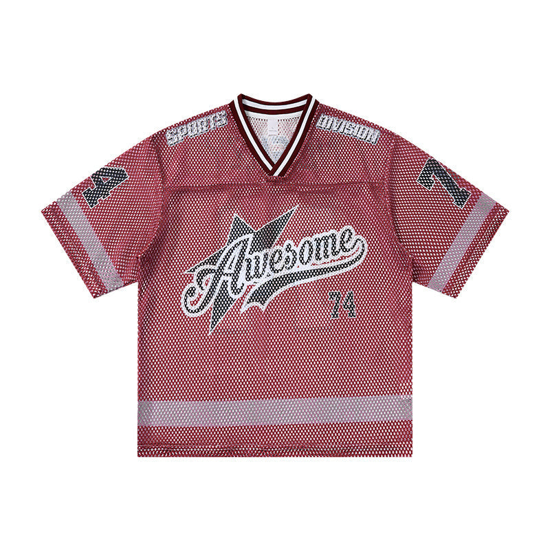 Red mesh jersey t-shirt with Awesome 74 script graphic, star logo, contrast stripe detailing and V-neckline