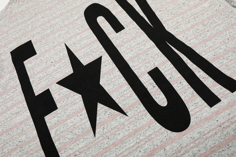 Close-up of front graphic print on heather gray striped crewneck tee