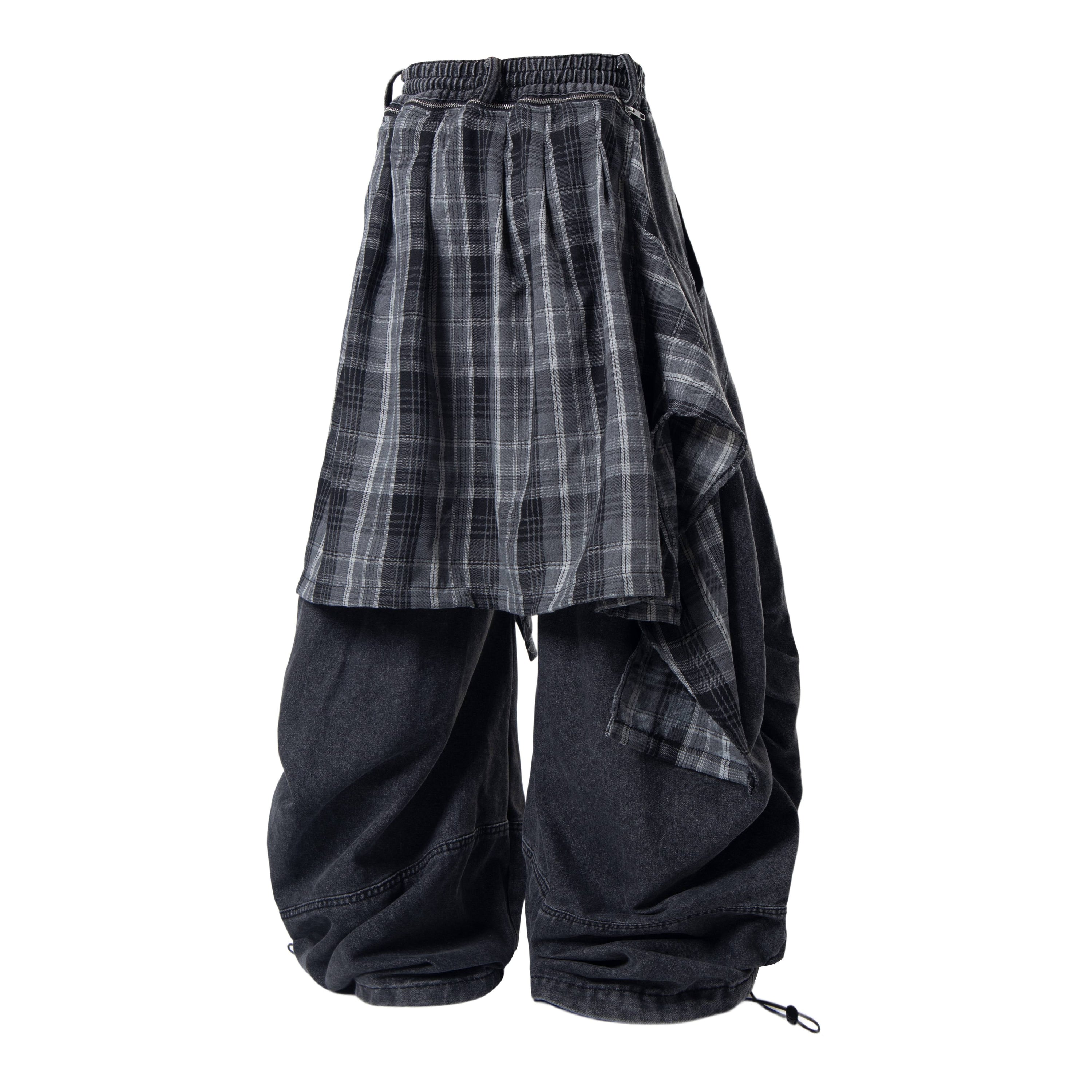 Omirad Layered Plaid Baggy Jeans | Y2K Wide-Leg Denim