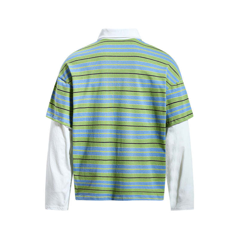 Back view of green and blue striped polo shirt with white collar