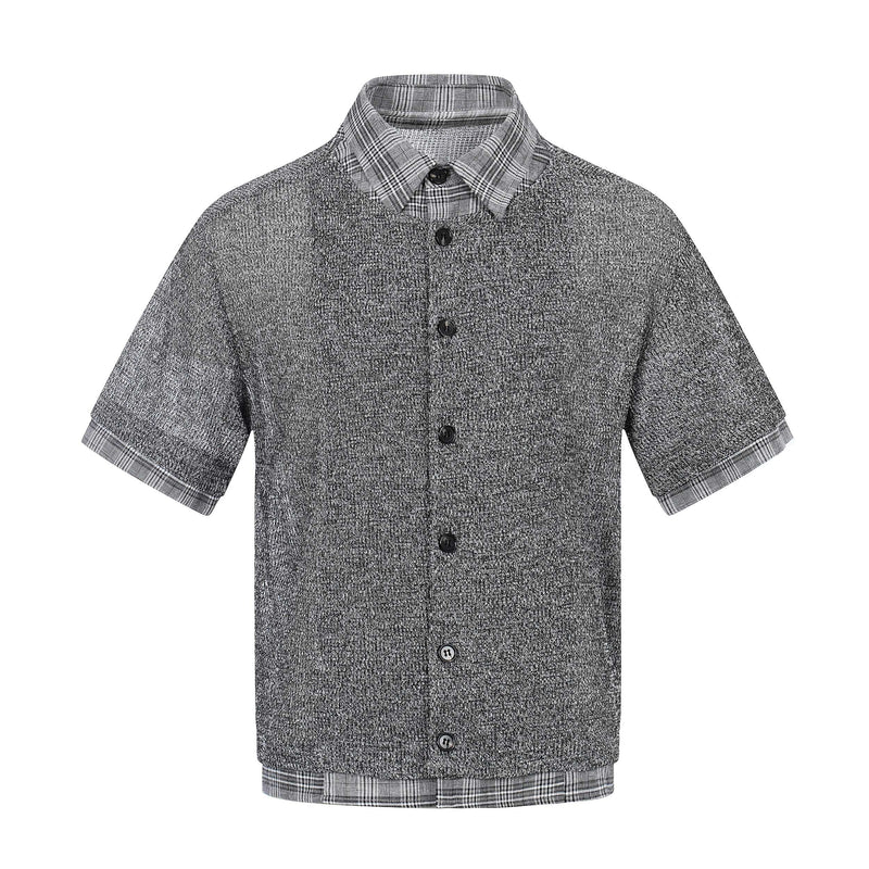 Grey layered knit short sleeve shirt with plaid collar, cuffs, and hem, button front, and textured streetwear styling