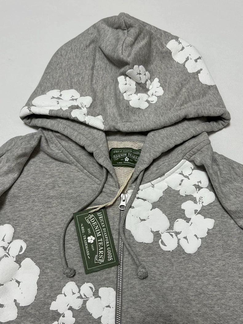 Denim Tears Cotton Wreath Puff Print Zip-Up Hoodie – Grey