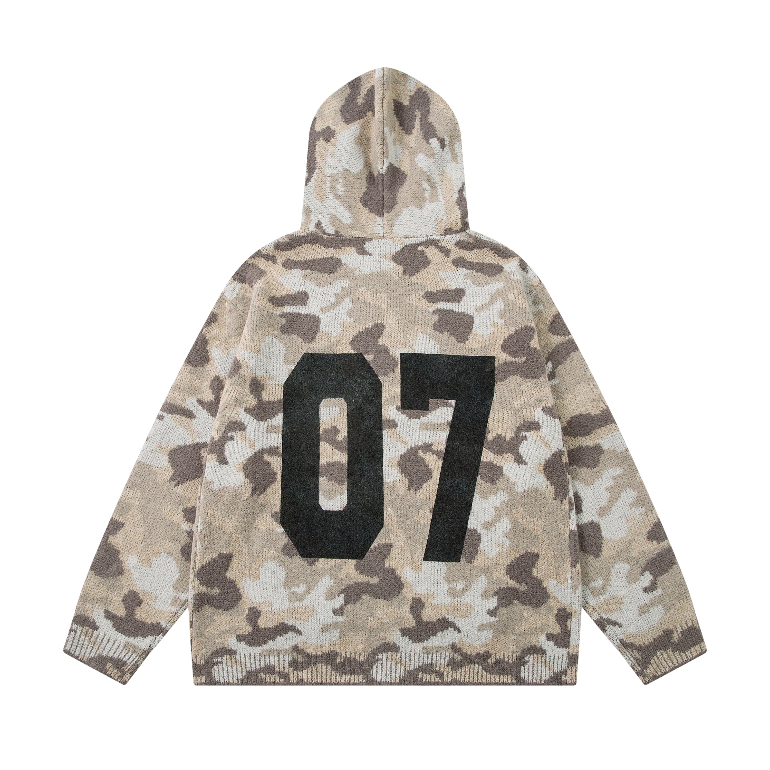 Back view of Omirad 07 camo knit hoodie with large black 07 graphic on desert camouflage knit fabric