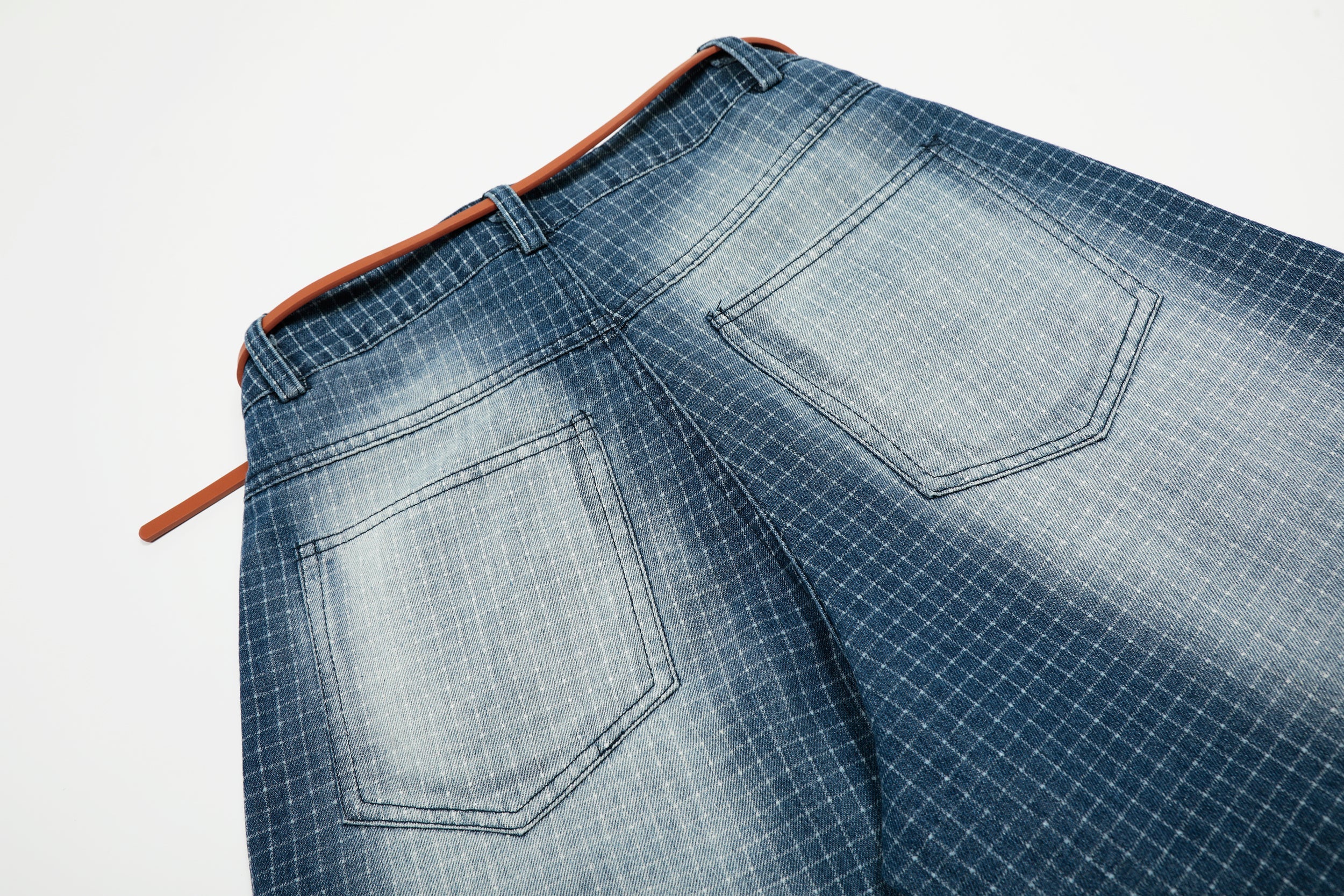 Washed Grid Denim Shorts with Belt | Wide-Leg Streetwear