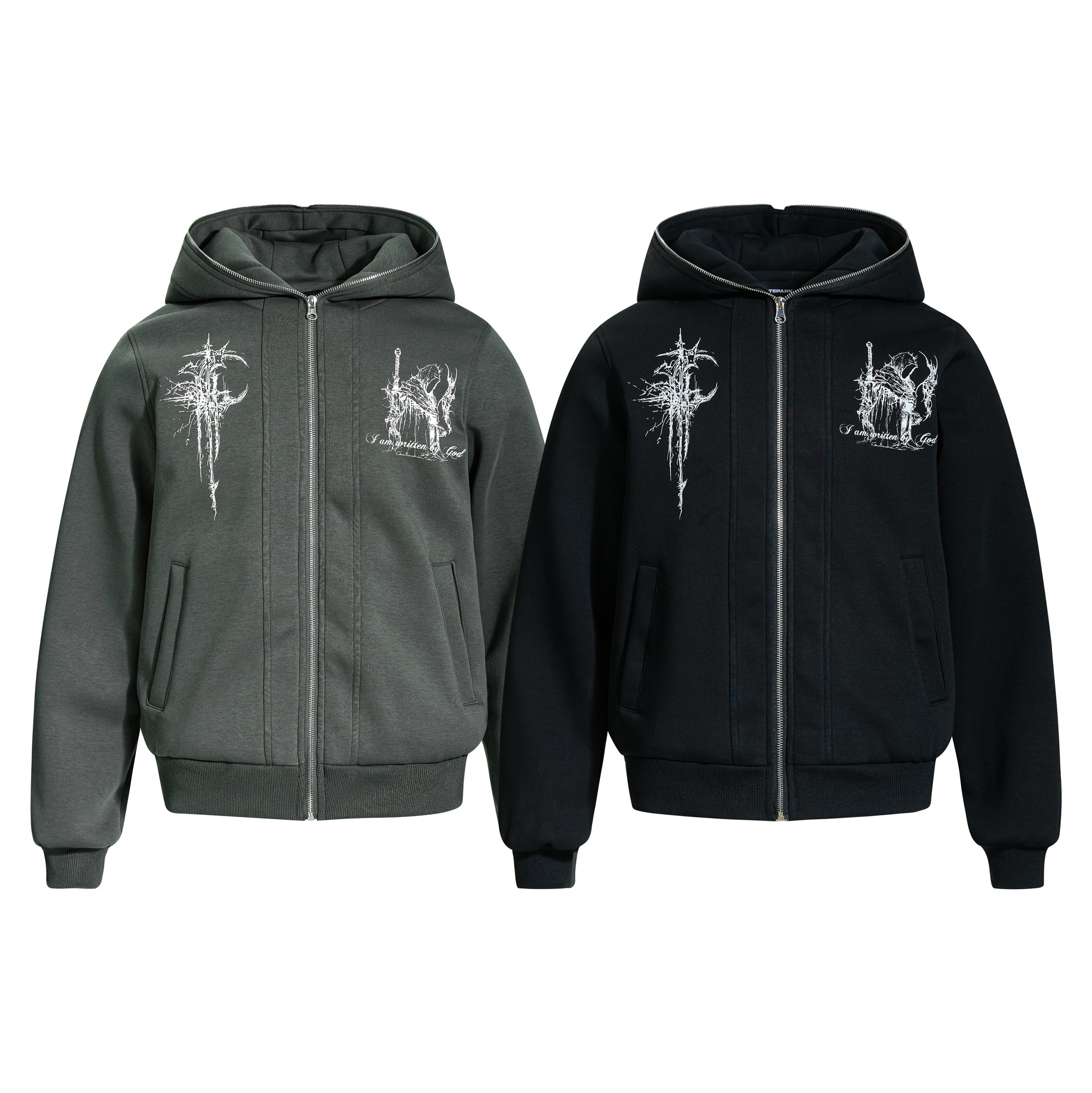 Gothic Line Art Zip-Up Hoodie | Dark Streetwear Cotton