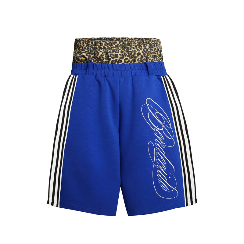 Front view of blue sport shorts with leopard waistband, white side stripes, and script graphic