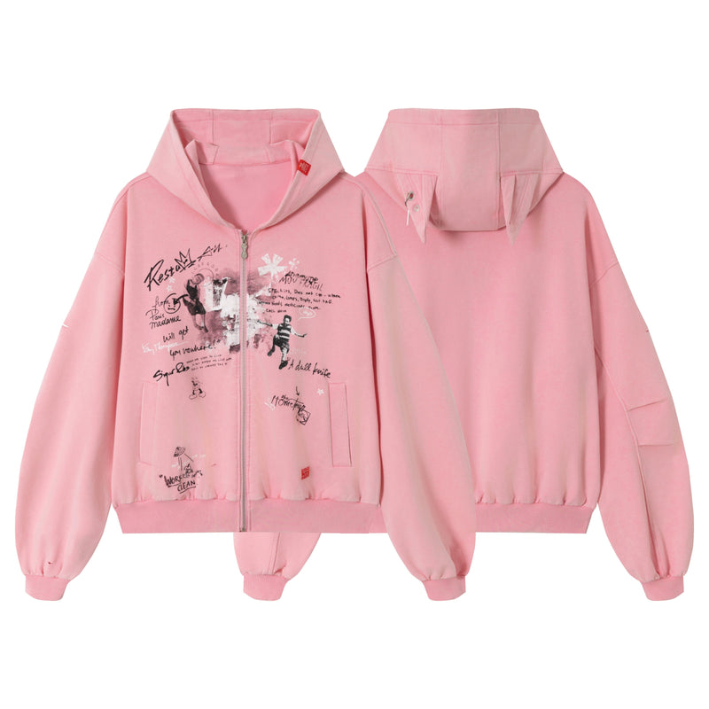 Front and back views of a pink graphic zip hoodie with oversized hood