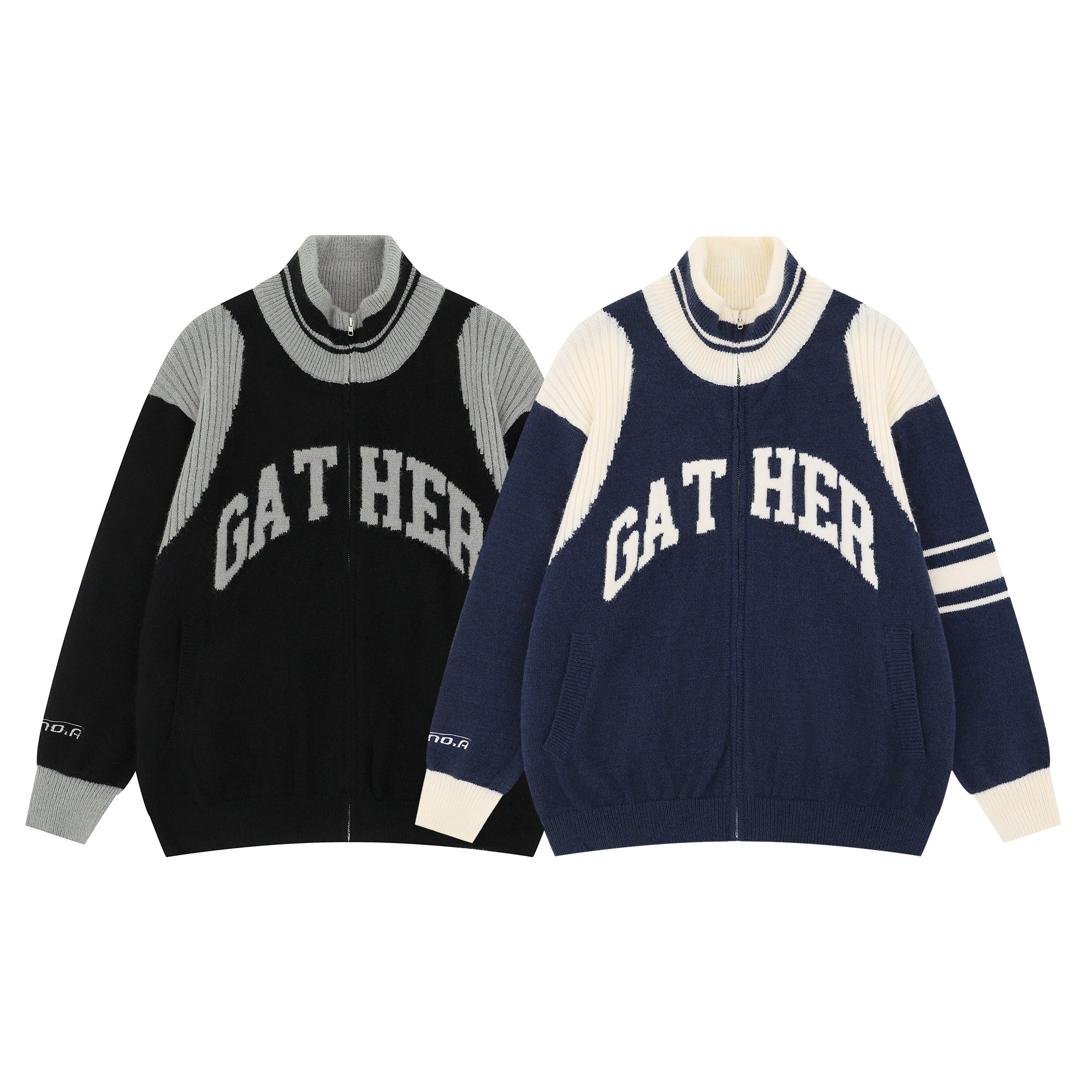 Omirad Gather Varsity Knit Zip Jacket in black with grey contrast ribbed shoulders and arched collegiate chest lettering