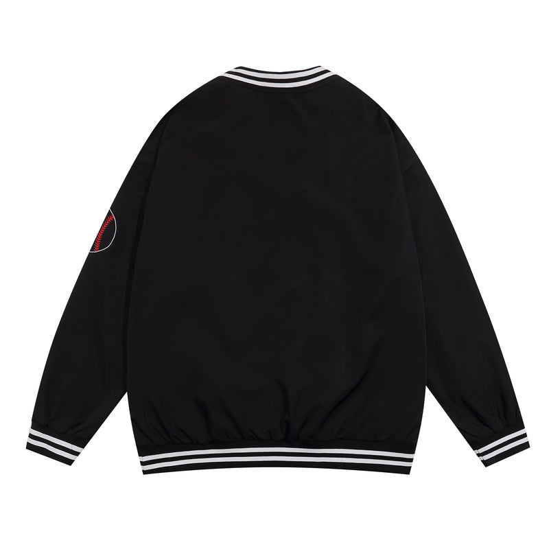 Back view of black varsity sweatshirt with white striped collar, cuffs, and hem