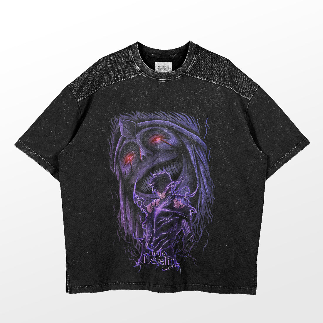 The Solo Leveling Dark Overlord T-Shirt by Solo Leveling features an intense anime graphic with a menacing face, hollow eyes, and open mouth. A mystical figure with glowing purple accents enhances its vibe, while a speckled texture adds depth to the &quot;Love Aesthetic&quot; text below.