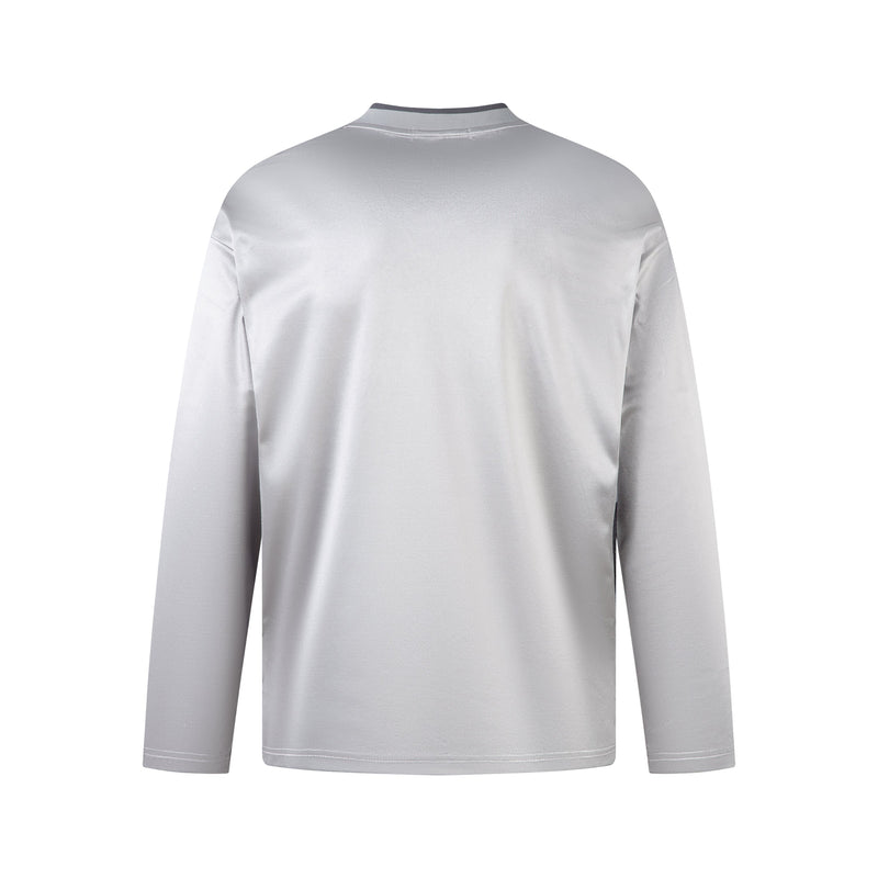 Back view of light gray long sleeve jersey top with plain solid back
