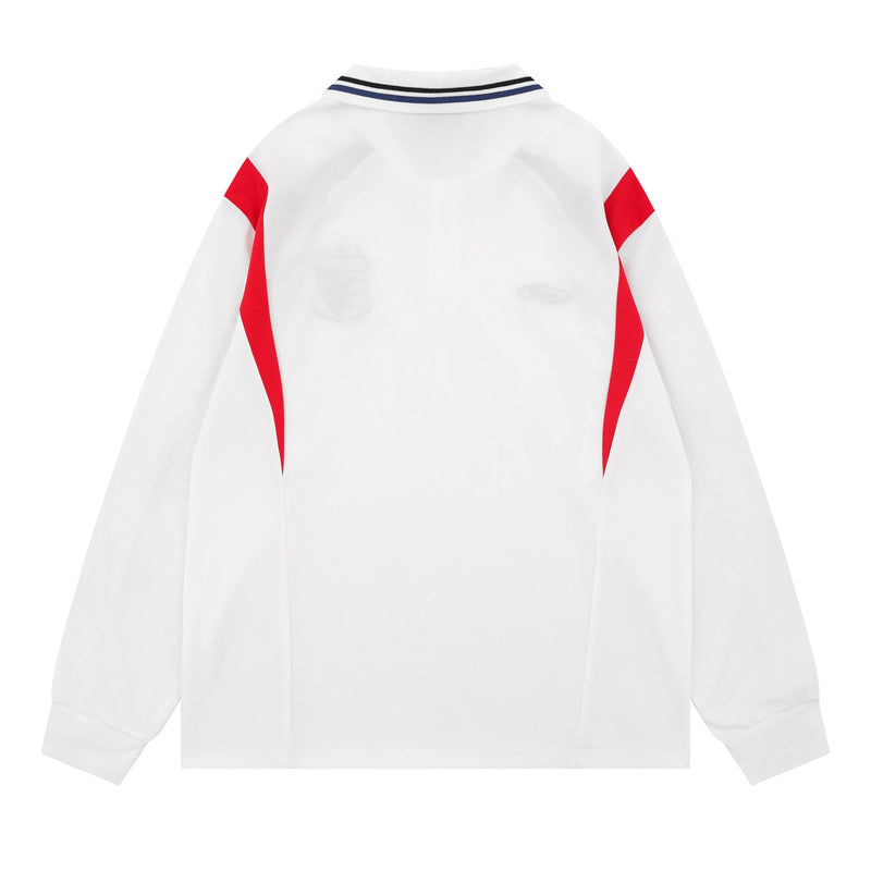 Back view of white long-sleeve polo jersey with red sleeve panels and striped collar