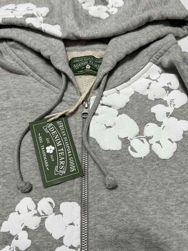 Denim Tears Cotton Wreath Puff Print Zip-Up Hoodie – Grey