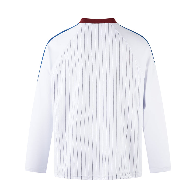 Back view of white long-sleeve football jersey with thin pinstripes and red collar