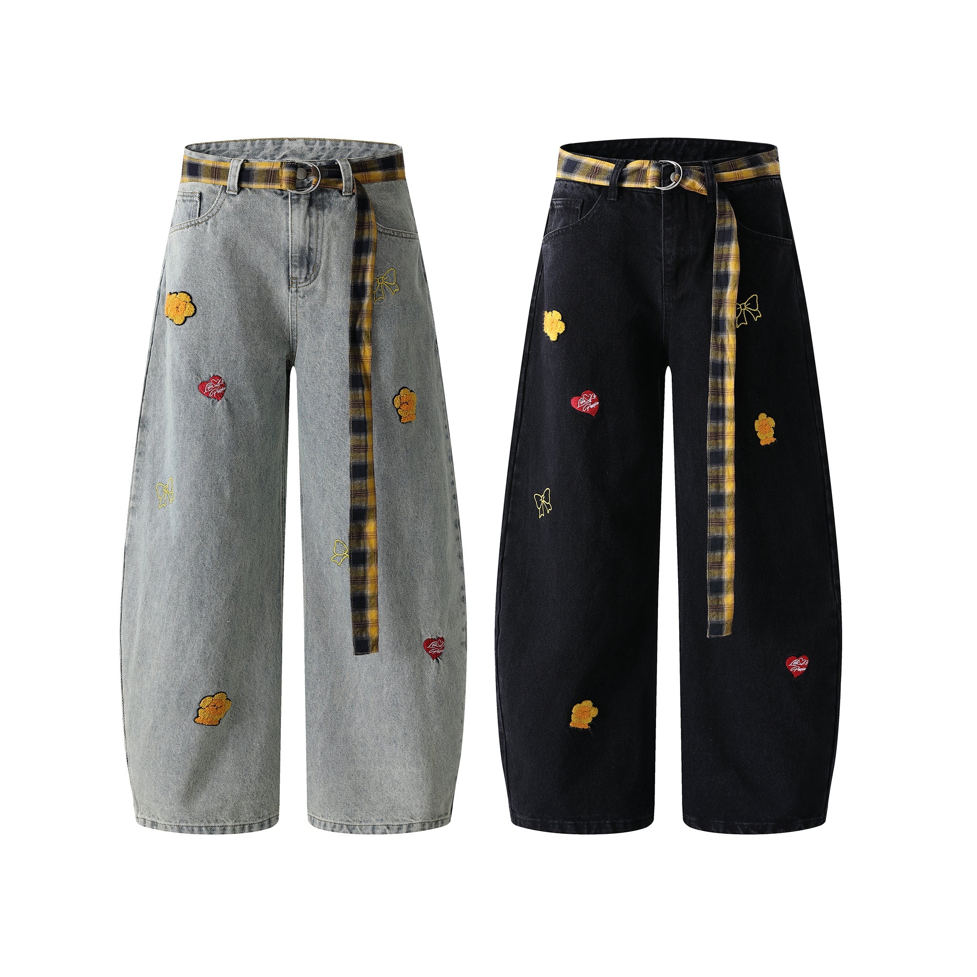 Light wash and black wide-leg jeans with yellow floral and heart embroidery and detachable yellow plaid belt