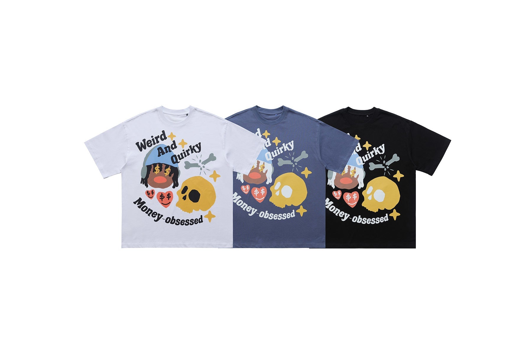 Three Omirad Weird And Quirky Money-Obsessed graphic tees laid flat in white, washed blue, and black colorways