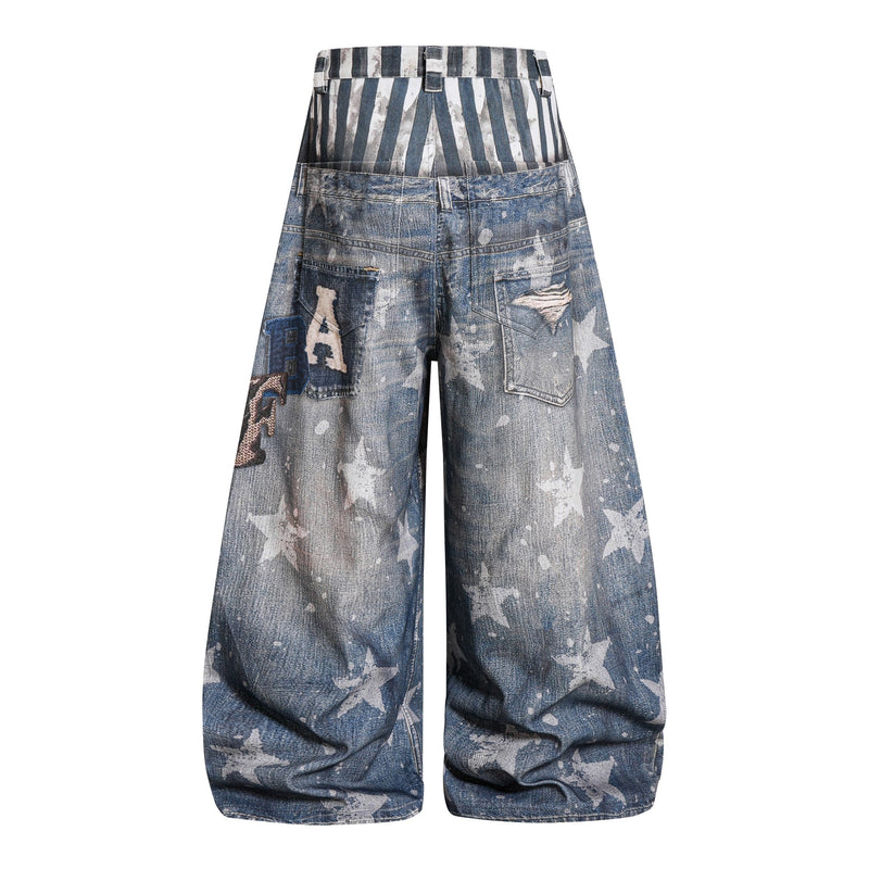 Back view of blue layered star print balloon jeans with striped upper panel