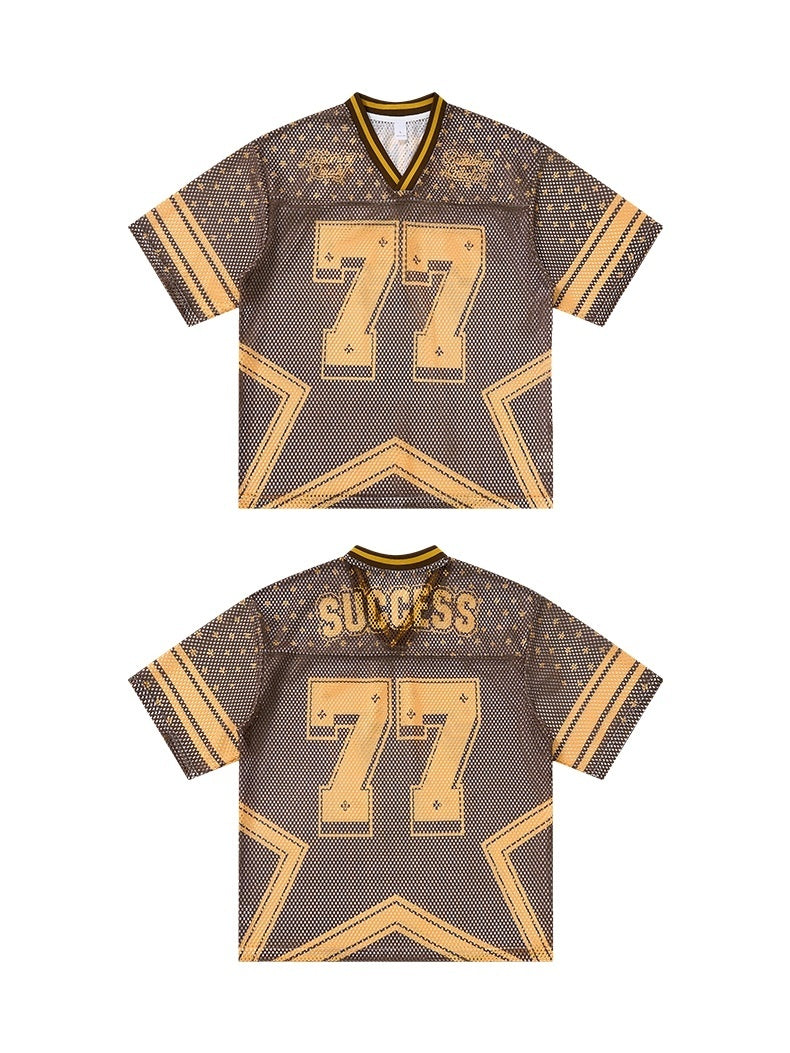 Brown and gold mesh jersey T-shirt with oversized 77 star graphic and SUCCESS lettering on the back