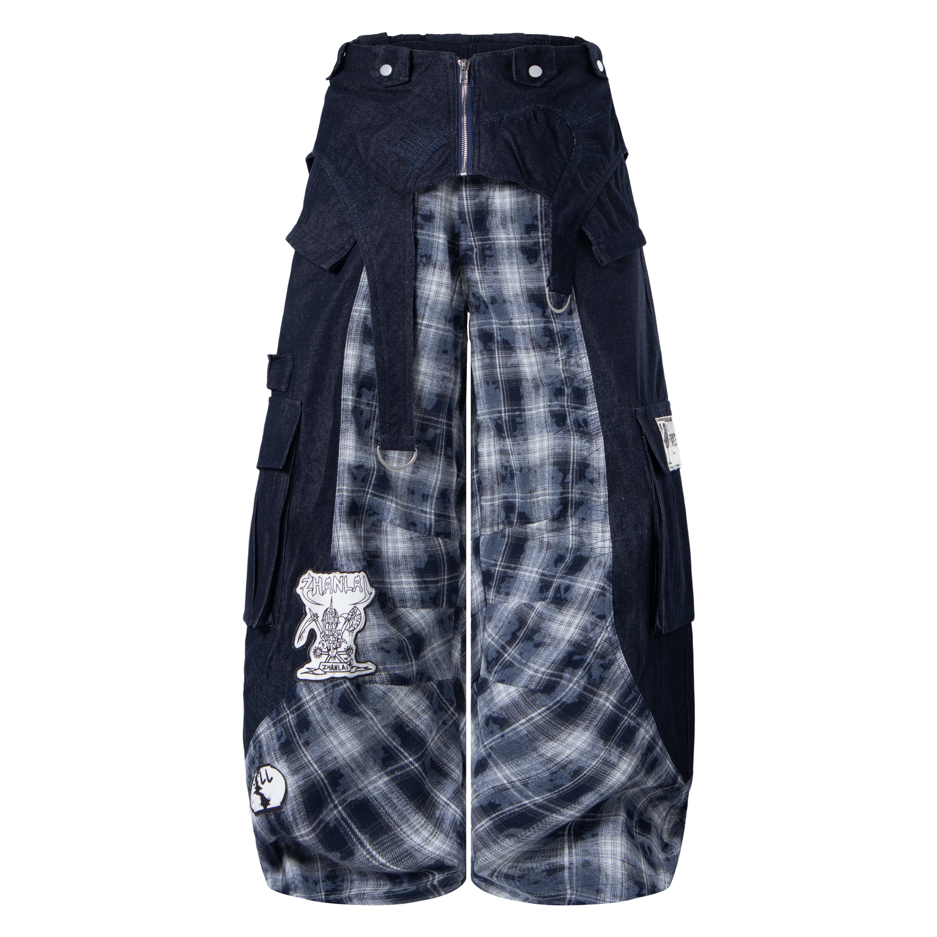 Punk Layered Plaid Panel Wide-Leg Cargo Pants | SEAKOFF