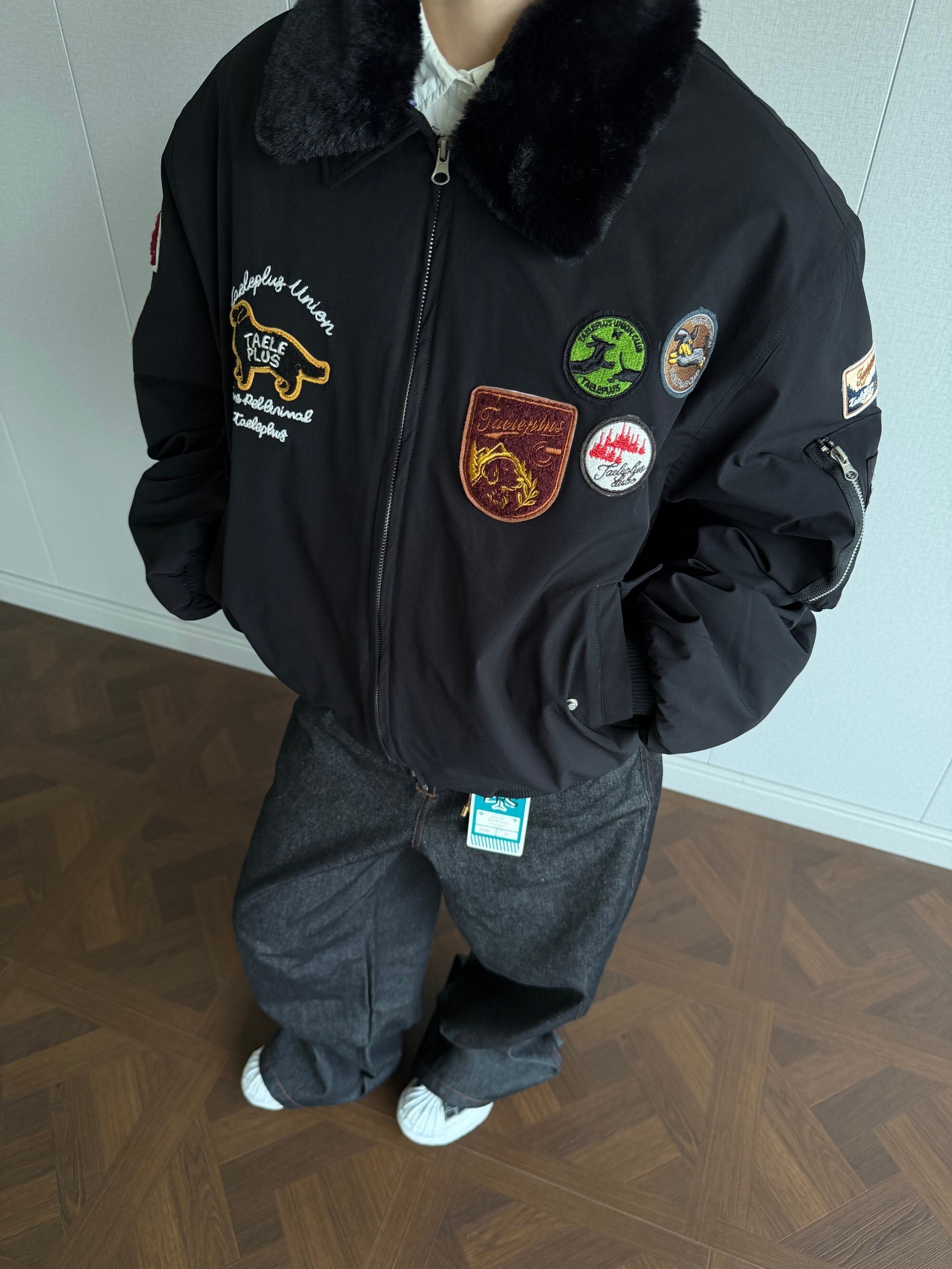 Taele Plus Aviation Patch Bomber Jacket with Fur Collar