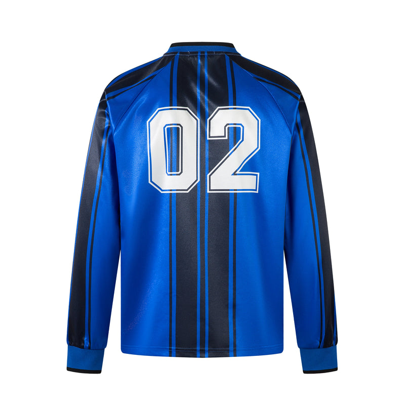 Back view of a blue long sleeve jersey top with black retro stripes and large white 02 graphic