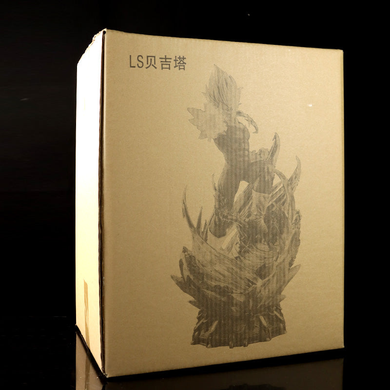 A black cardboard box features a dynamic abstract design with &quot;LS&quot; and Chinese characters, hinting at a Seakoff Dragon Ball Z collectible. It enhances the allure of the 45cm Vegeta Super Saiyan Collectible Figure with interchangeable heads and glowing effects.