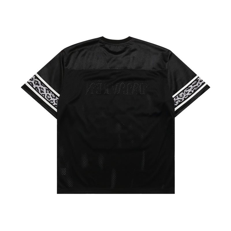 Black varsity football jersey T-shirt with leopard-print sleeve stripes and breathable streetwear mesh panels