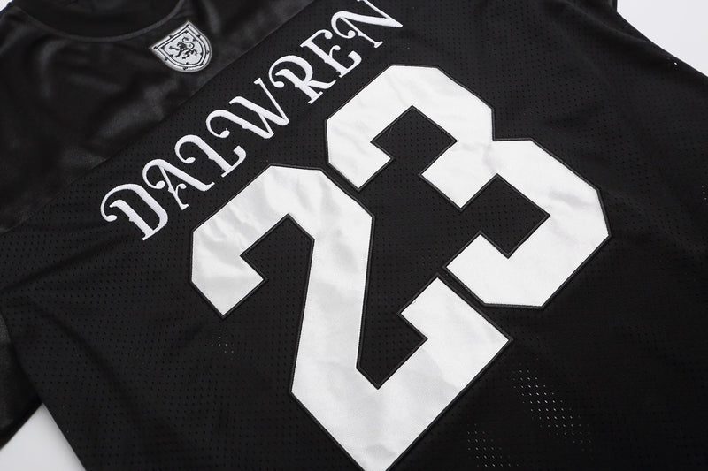 Black Dalwren varsity football jersey T-shirt with white number 23 and streetwear lettering on mesh fabric