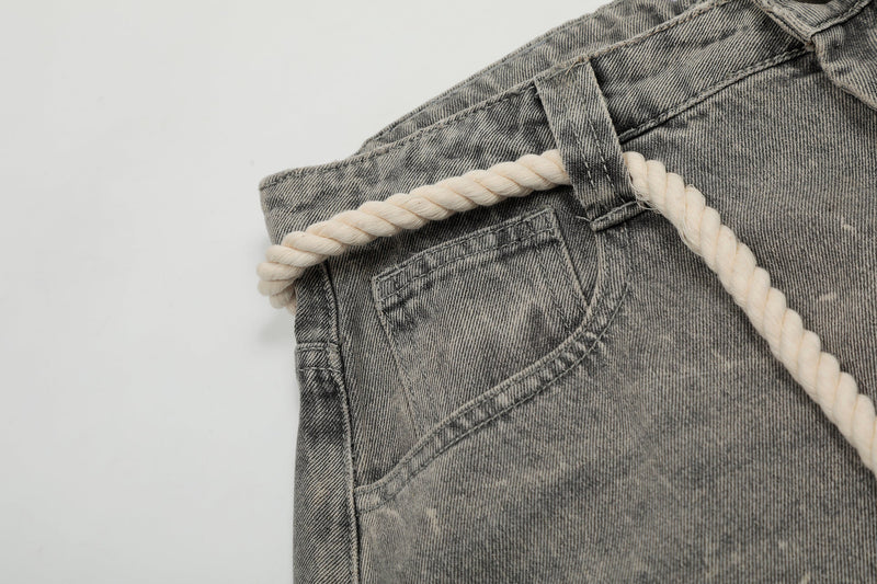 Rope-Waist Paint-Splatter Wide-Leg Jeans | Vintage Wash