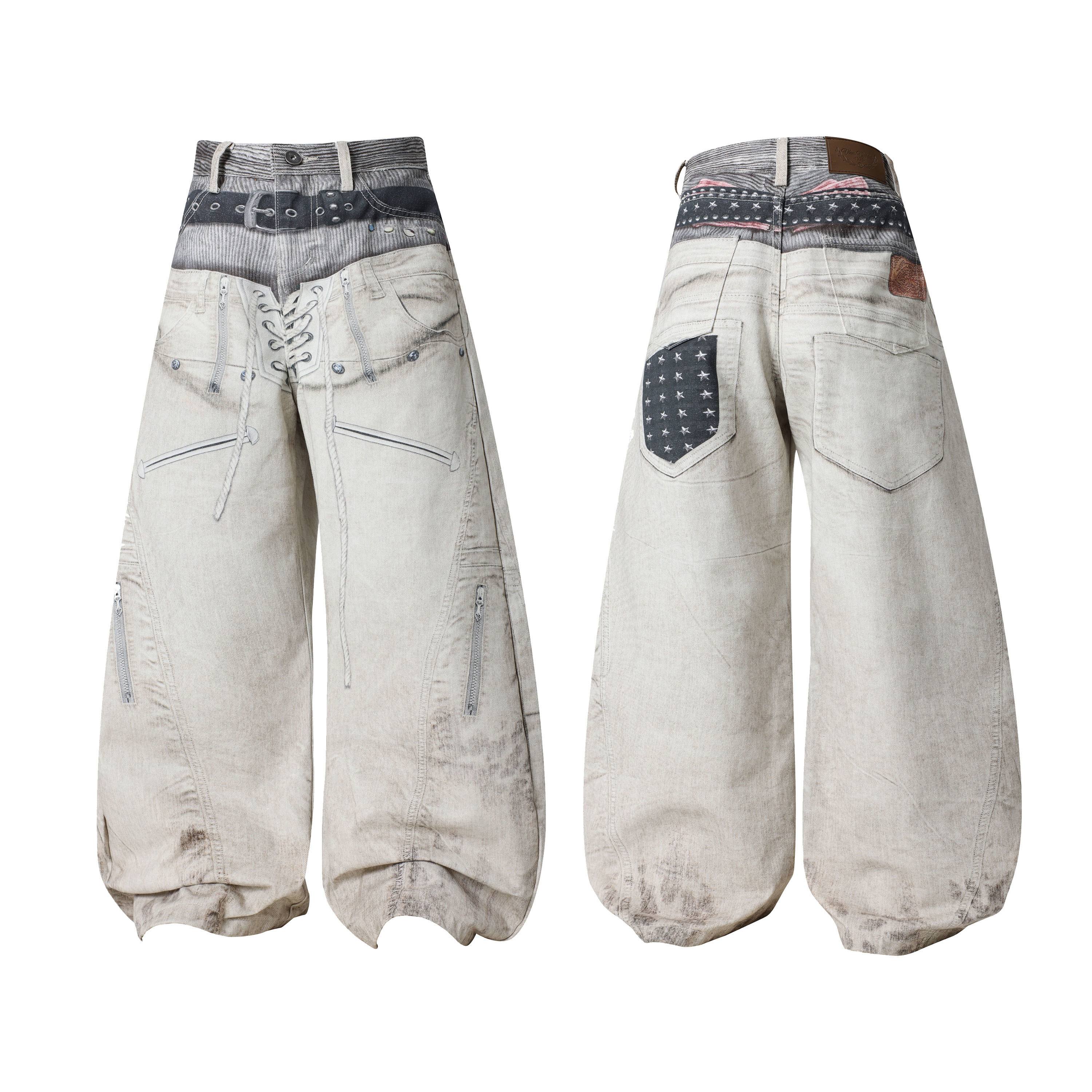 Front and back view of Omirad layered belt utility balloon jeans in washed white denim with lace-up front and star patch pock