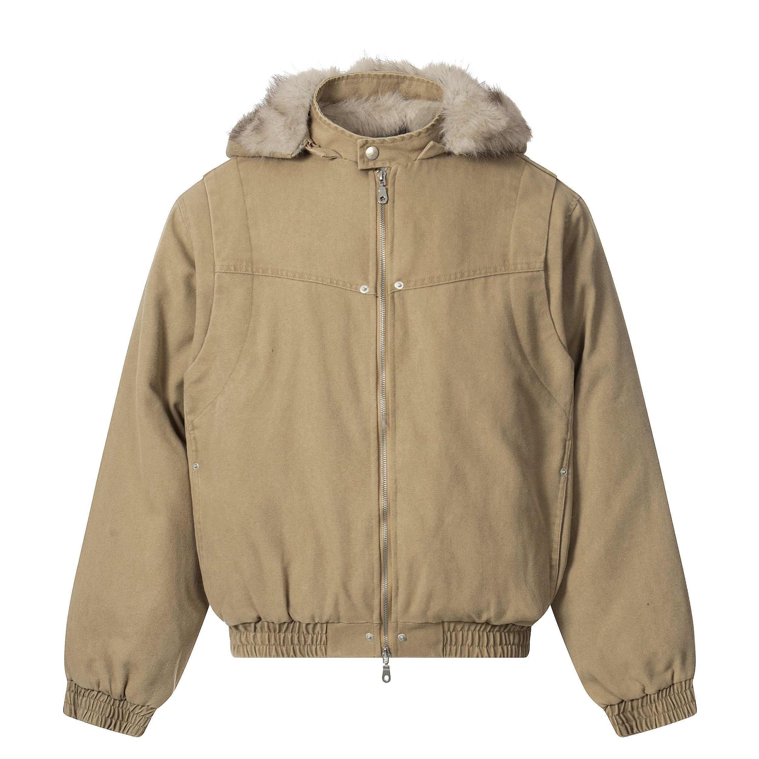 Detachable Fur Collar Washed Workwear Bomber Jacket