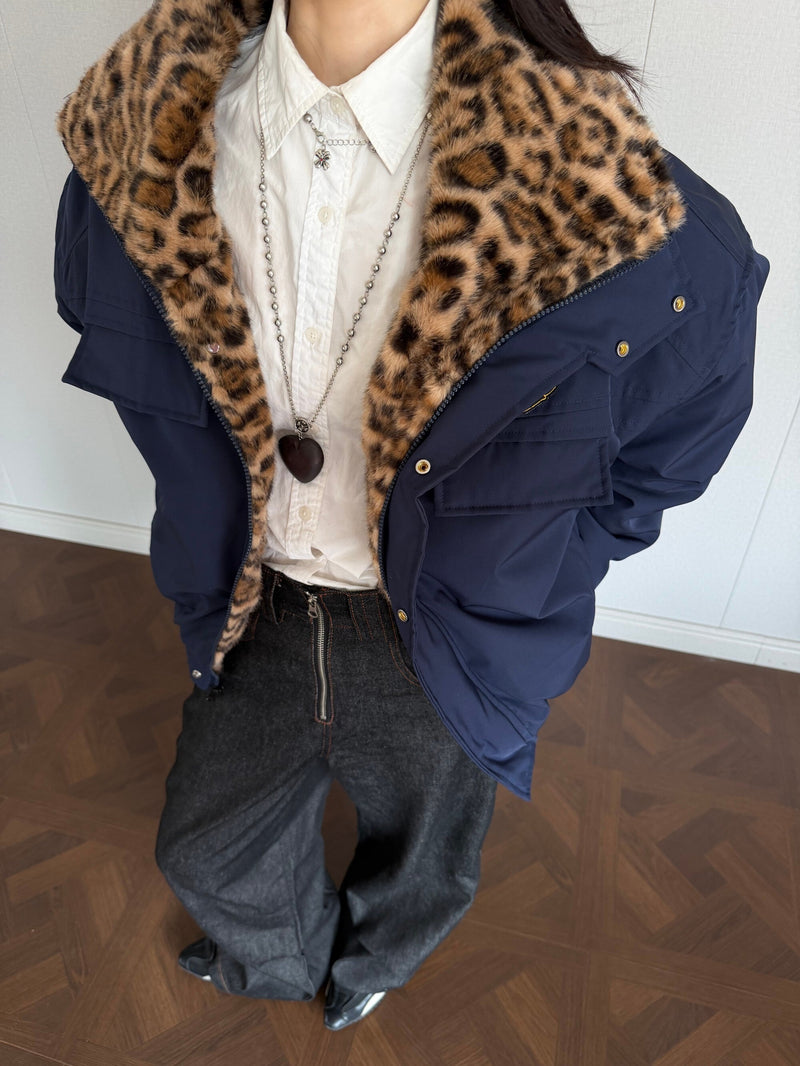 Leopard-Lined Military Bomber Jacket | Streetwear Winter Coat