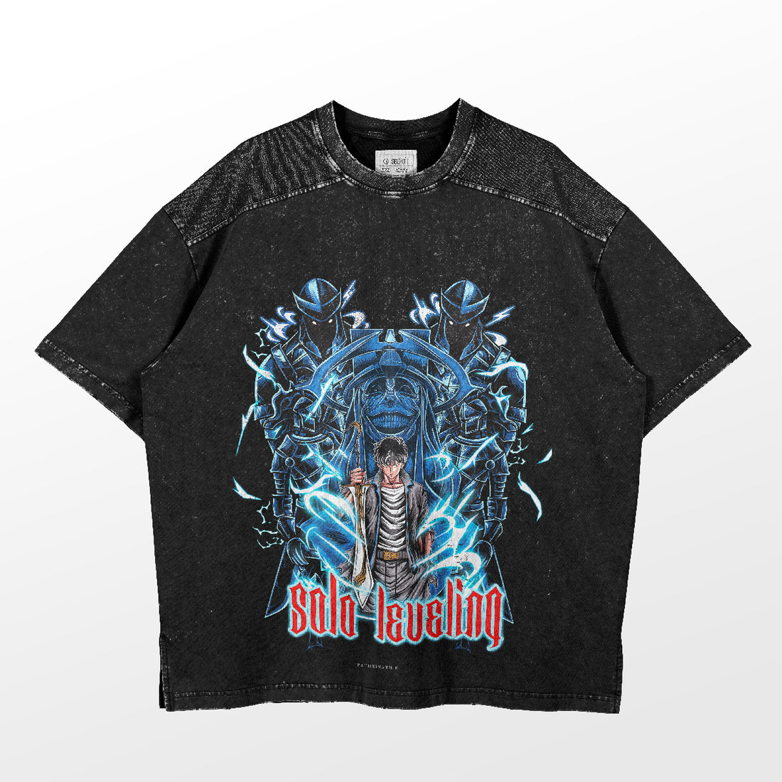 The Vintage Solo Leveling Anime Graphic Tee by Solo Leveling features a hunter with a sword surrounded by armored characters in blue on a black tee. "Solo Leveling" is prominently printed in red at the bottom, offering premium quality and a classic design.