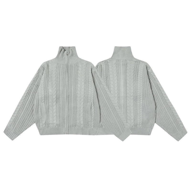 Front and back views of a light gray cable knit zip-up turtleneck sweater