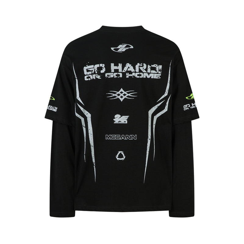 Black long sleeve tee shown from the back with white racing text and graphic stripes