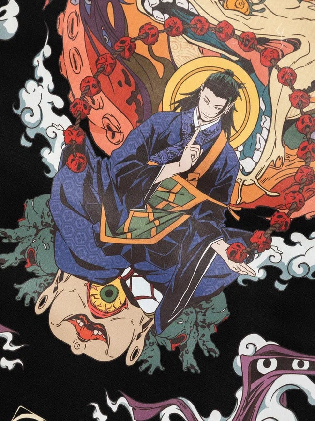 An illustration of a person in traditional Eastern attire, seated cross-legged among red orbs. Below, a surreal single-eyed face and green dragons emerge amid colorful patterns, all akin to the Jujutsu Kaisen Geto Suguru Anime Hoodie by Jujutsu Kaisen - High-Quality Anime Apparel.