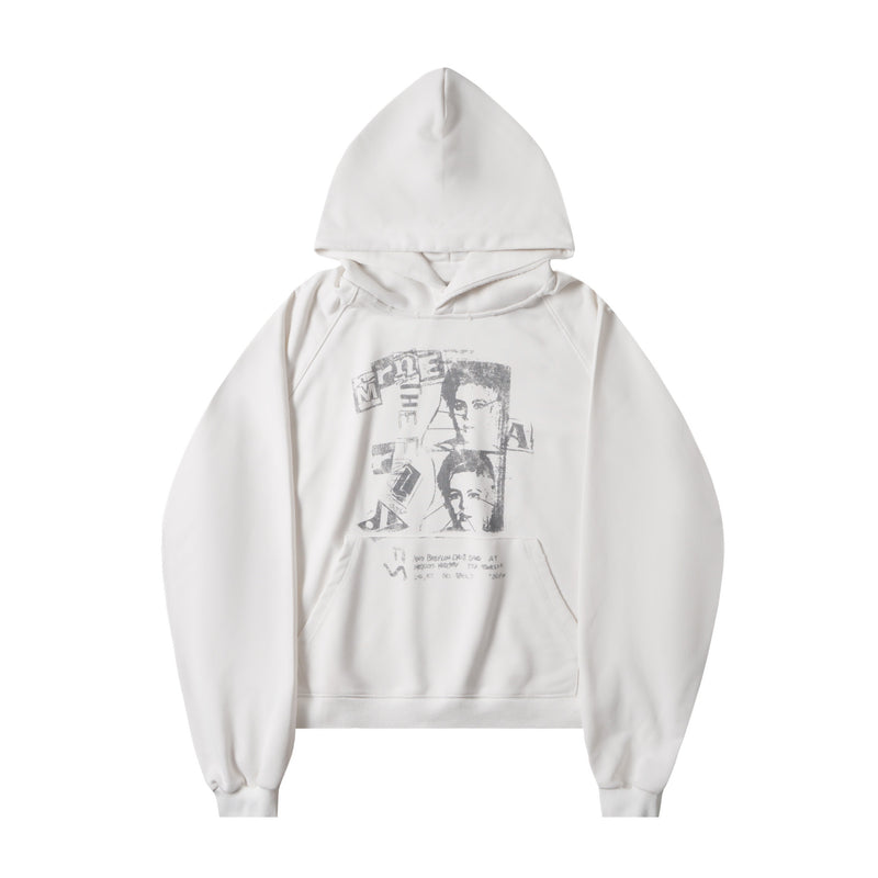 White pullover hoodie front view with grayscale portrait graphic and kangaroo pocket
