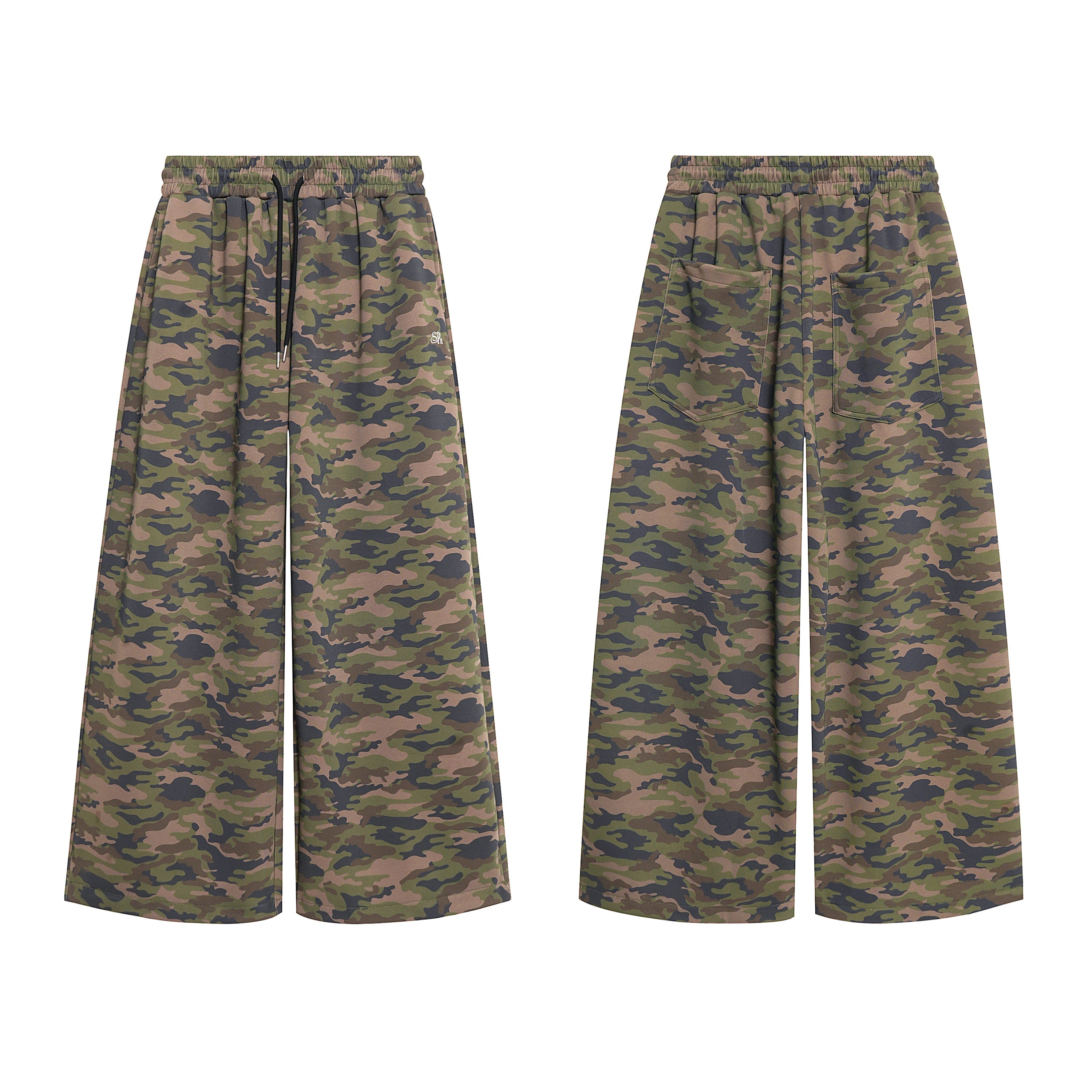 Front and back view of wide-leg camouflage lounge pants with elastic drawstring waist and rear patch pockets