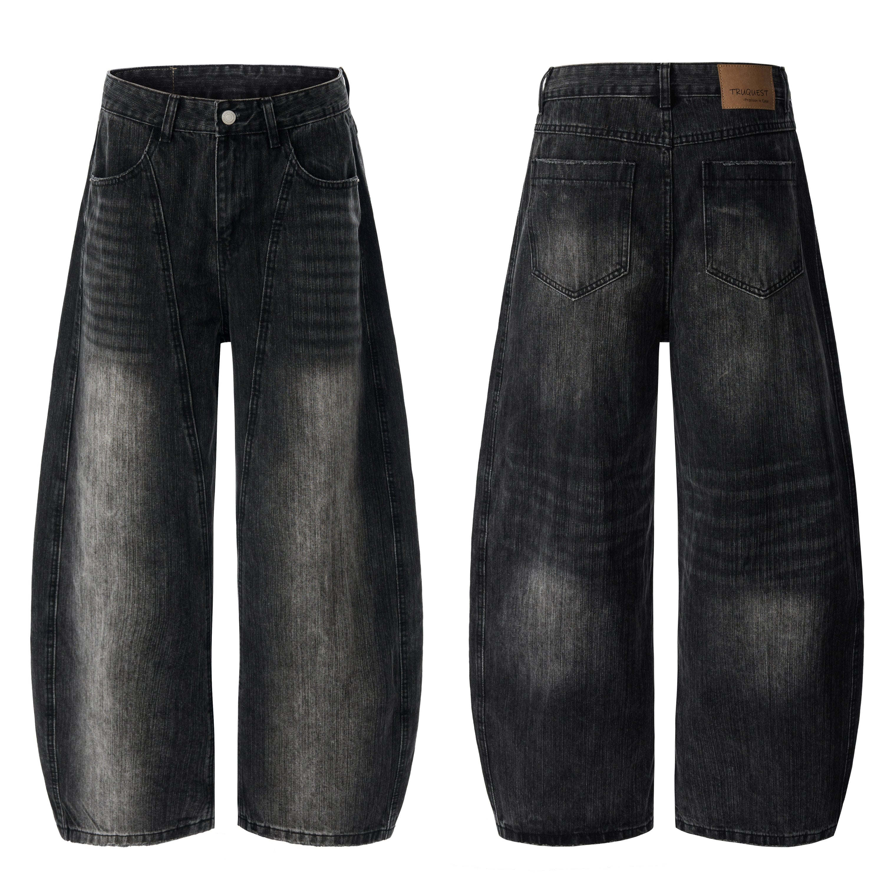 Front and back view of SEAKOFF vintage washed black curved wide-leg denim jeans with faded grey wash detailing