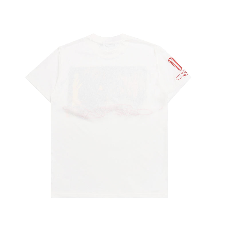 White vintage graphic T-shirt with subtle faded red print and a red paperclip design on the sleeve
