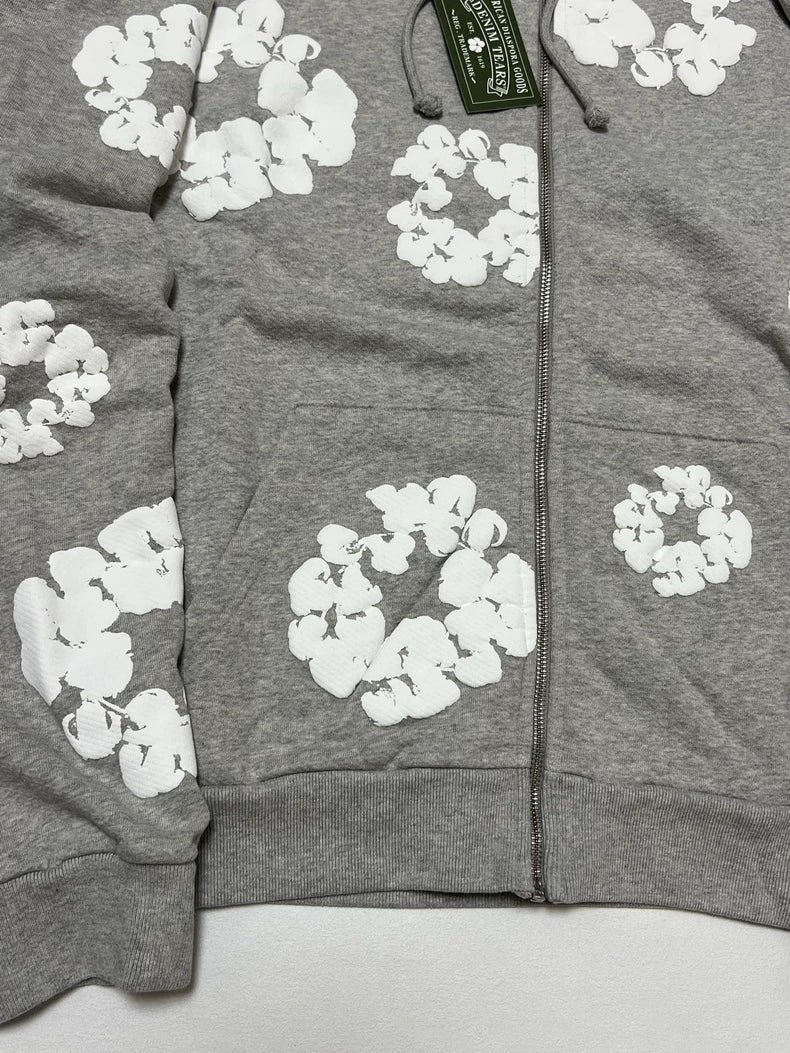 Denim Tears Cotton Wreath Puff Print Zip-Up Hoodie – Grey